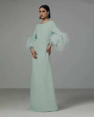 Catherine Regehr - Boat Neck London Sheath with Feather Cuff-Dresses-Wardrobe Apparel