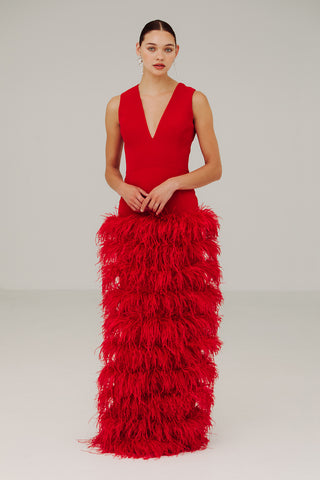 Catherine Regehr - V Neck Tiered Feather Gown-Dresses-Wardrobe Apparel