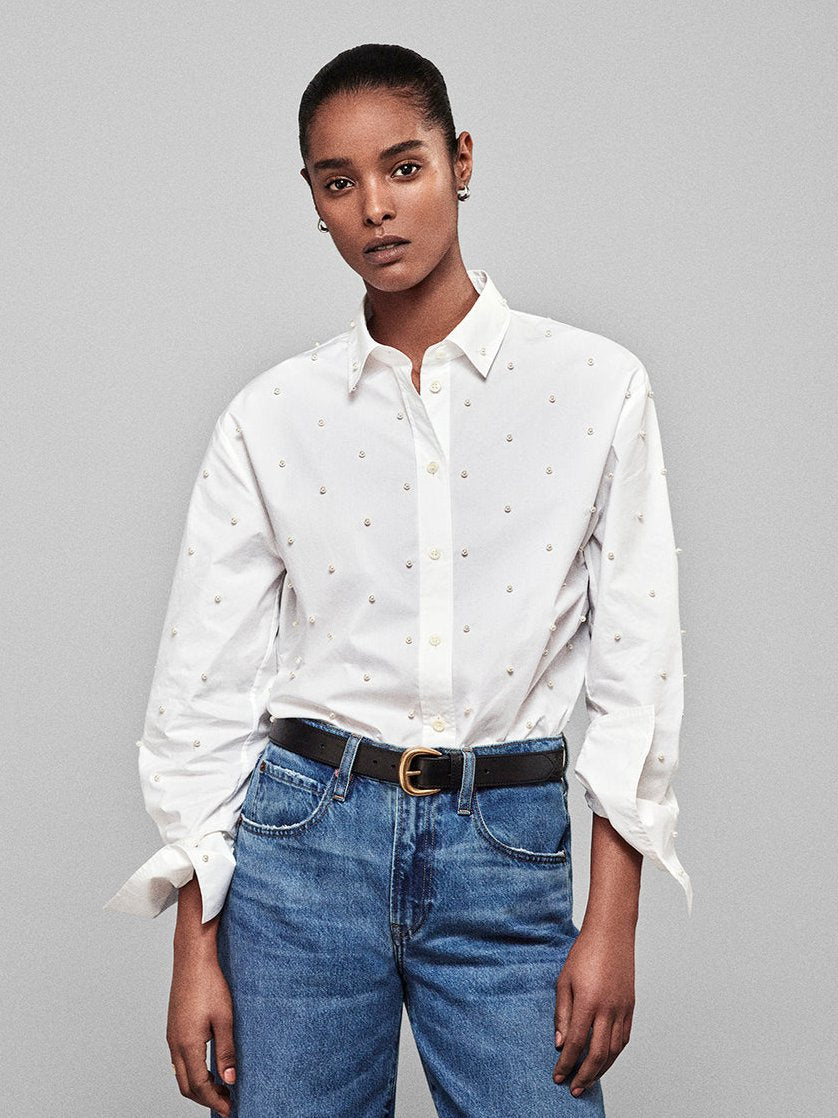 white oversized dress shirt Women's Oversized Poplin Shirt in White | Sunspel
