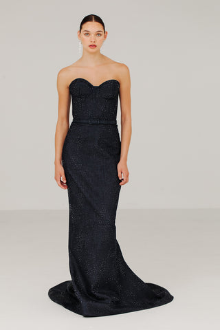 Catherine Regehr - Denim Bustier Gown with Scattered Crystals-Dresses-Wardrobe Apparel