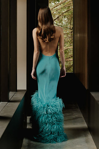 Catherine Regehr - T Neck Halter with Boa Hem-Dresses-Wardrobe Apparel