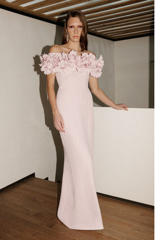 Catherine Regehr - Off Shoulder Gown with Parrot Tulip Trim Collar-Dresses-Wardrobe Apparel