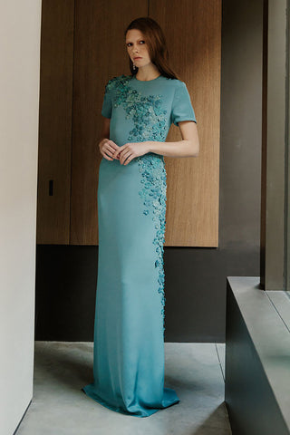 Catherine Regehr - Jewel Neck London Gown with Ombre Apple Blossom Detail-Dresses-Wardrobe Apparel