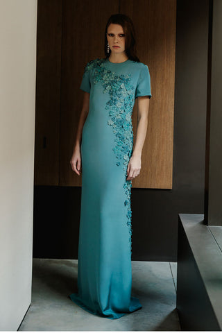 Catherine Regehr - Jewel Neck London Gown with Ombre Apple Blossom Detail-Dresses-Wardrobe Apparel