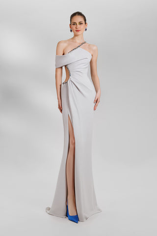 Gemy Maalouf - Beaded Asymmetrical Neckline Gown