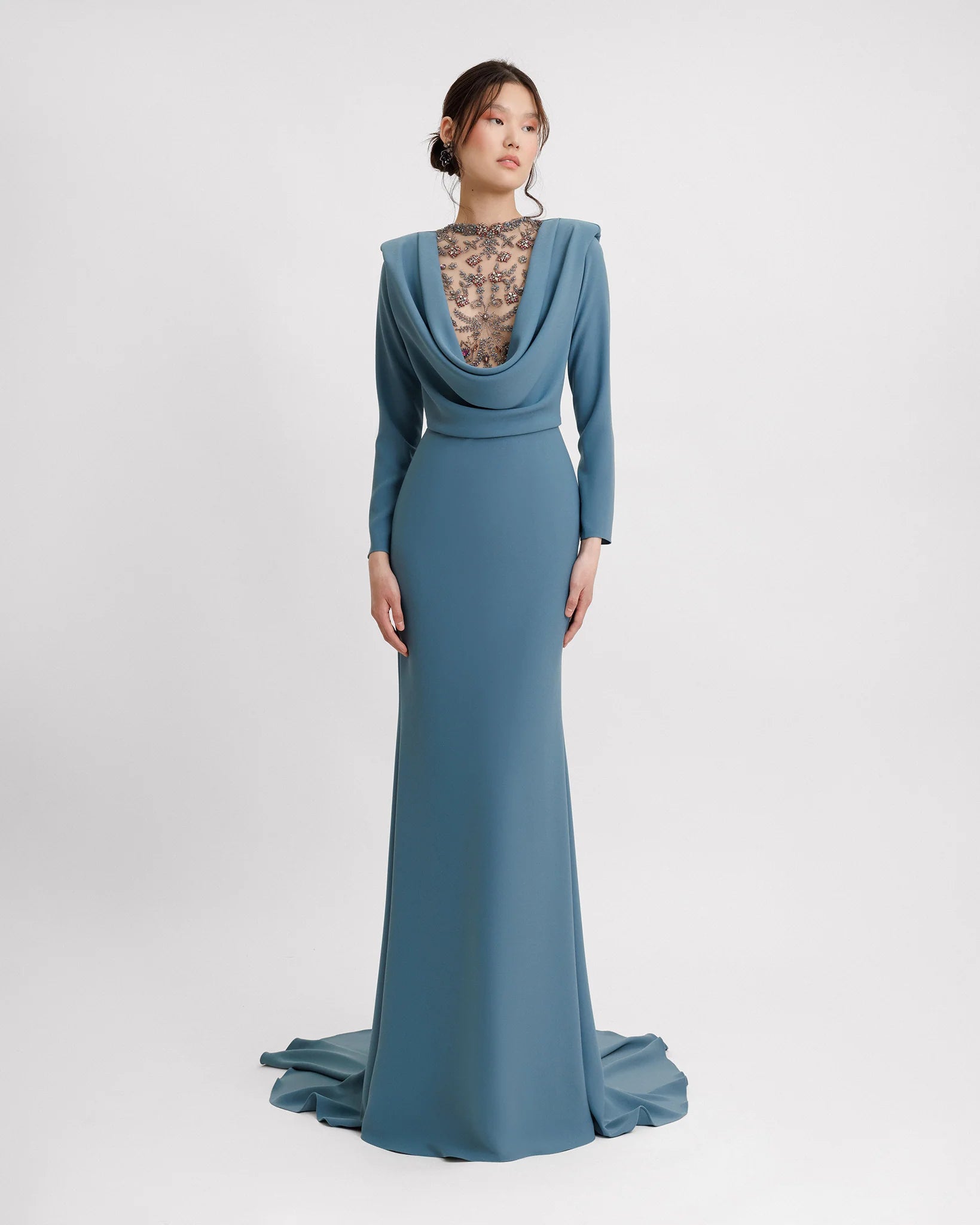 Gemy Maalouf Long Sleeved Beaded Cowl-Neckline Crepe Dress in