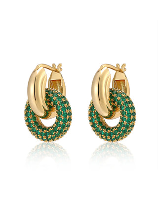 Luv AJ - Pave Interlock Hoops - Emerald & Gold-Earrings-Wardrobe Apparel