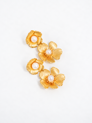 The Pink Reef - Small Double Golden Flower with Pearl Earrings
