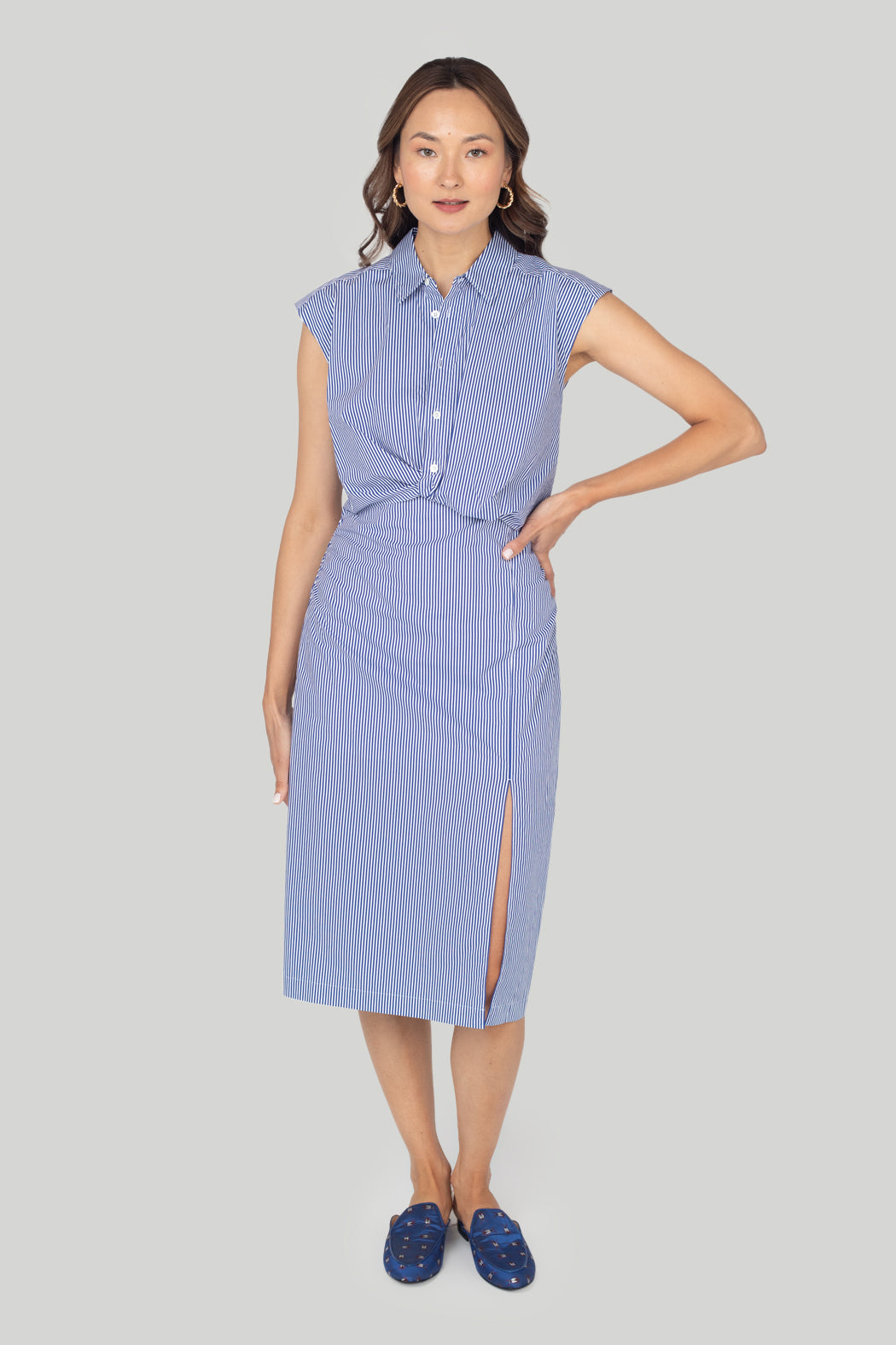FRAME Twist Front Organic Cotton Shirtdress Ultramarine Multi