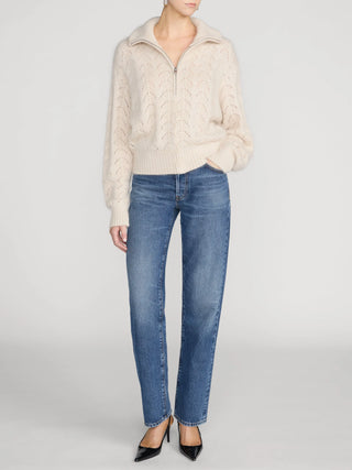 Frame - The Airy Lurex Zip Sweater in Biscuit