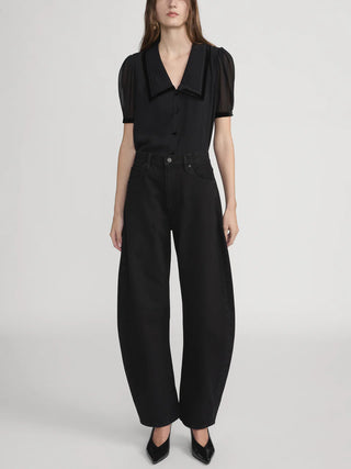 Frame - The Velvet Trim Sailor Blouse in Black-Shirts & Tops-Wardrobe Apparel