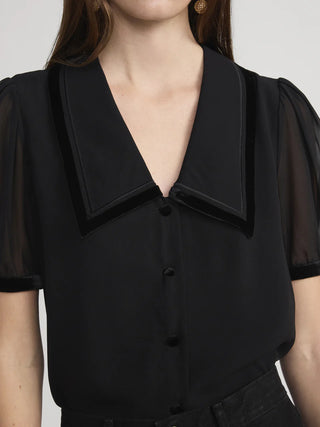 Frame - The Velvet Trim Sailor Blouse in Black-Shirts & Tops-Wardrobe Apparel