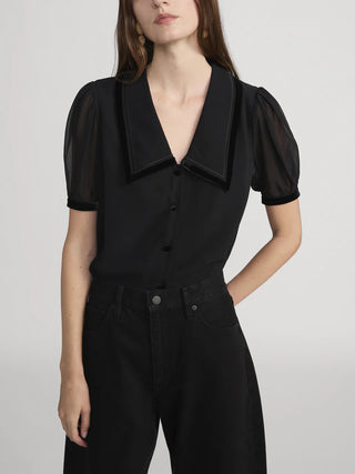 Frame - The Velvet Trim Sailor Blouse in Black-Shirts & Tops-Wardrobe Apparel