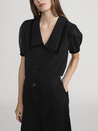 Frame - The Velvet Trim Sailor Blouse in Black-Shirts & Tops-Wardrobe Apparel