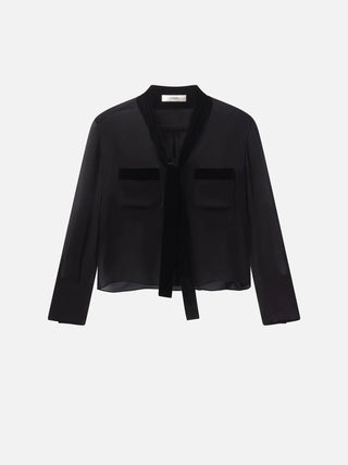 Frame - The Velvet Trim Modern Tie Blouse in Black-Shirts & Tops-Wardrobe Apparel