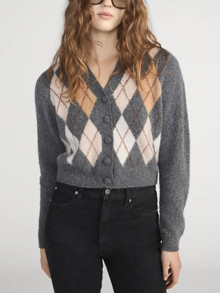 Frame - The Brushed Argyle Cardi in Grey Multi-Shirts & Tops-Wardrobe Apparel