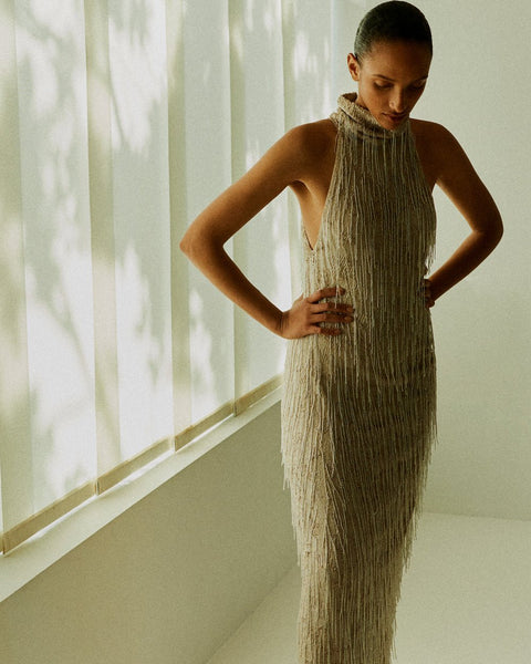 ILTA - Simone Beaded Fringe Gown 6 / Mushroom ILTA - Simone Beaded Fringe Gown 6 / Mushroom