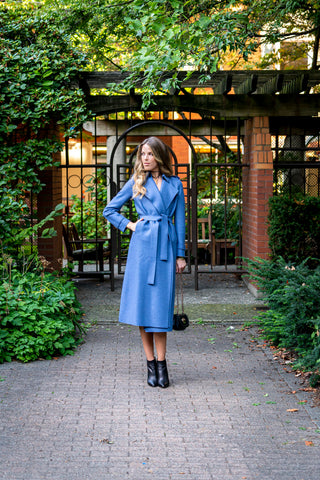 Womens Long Trench Coat Pressed Wool- Powder Blue