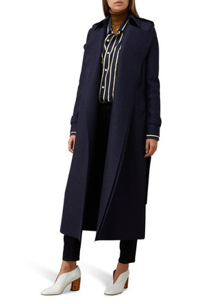 Womens Long Trench Coat Pressed Wool- Dark Navy