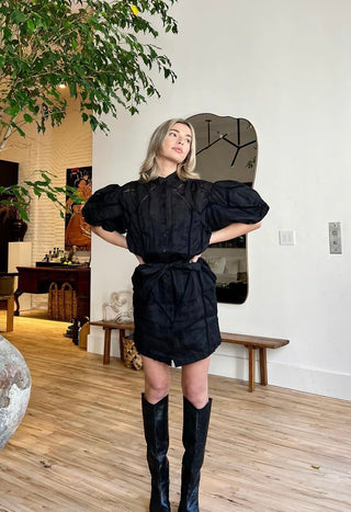 Frame Women's Inset Lace Puff Sleeve Minidress - Black - Size Large Frame Women's Inset Lace Puff Sleeve Minidress - Black - Size Large